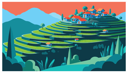 country landscape illustration with ricefield and houses on the hill. used for posters, landing pages and other which is very beautiful