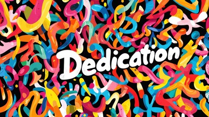 Colorful background with the word Dedication in bold letters surrounded by abstract shapes and patterns