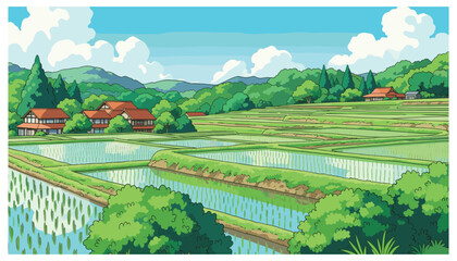 country landscape illustration with ricefield and houses on the hill. used for posters, landing pages and other which is very beautiful