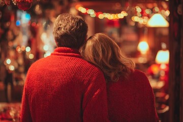 Fototapeta premium Valentine Day Couples in red winter sweaters, Back View of Couples in red clothes
