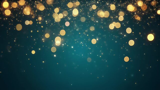 Elegant golden bokeh lights and shimmering particles falling on a deep blue background creating a magical festive ambiance