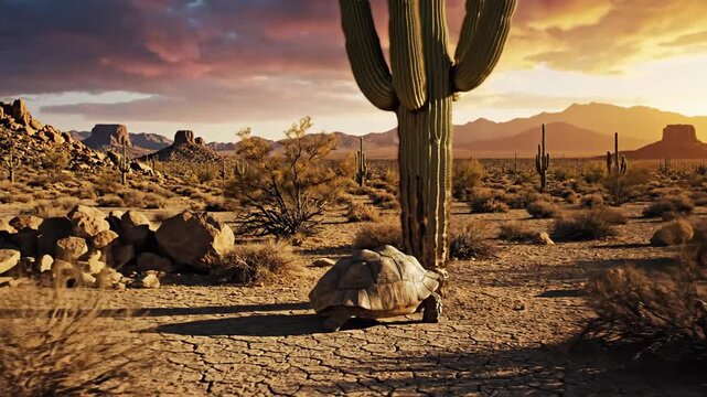 Desert Tortoise Embarks on a Sun-Drenched Journey Through Arid Landscape