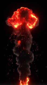 Dynamic simulation of fire explosions and rising smoke plumes, presenting a powerful and intense