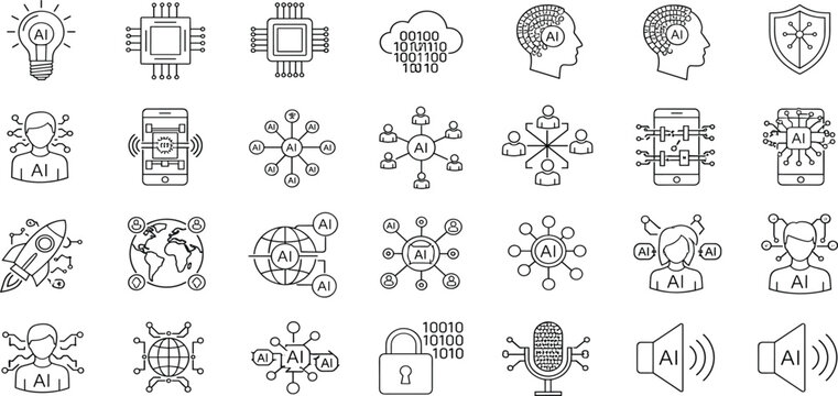 Professional artificial intelligence icon set featuring neural networks machine learning chips data processing and robotic intelligence for technical software documentation.