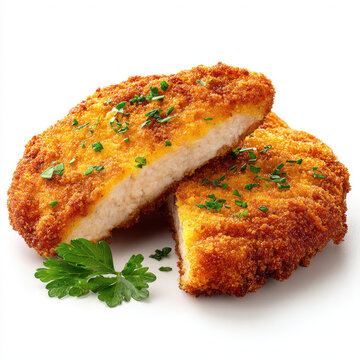 Crispy breaded chicken cutlet with parsley garnish