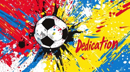 Soccer ball with color splash design featuring the word dedication in bright colors on a vibrant background