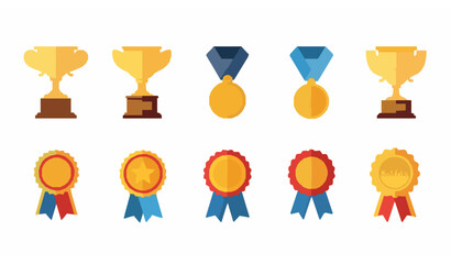 Award icons set trophy medal winner prize flat vector illustration