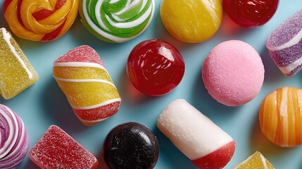 Colorful Assortment of Various Candies on Blue Background for Sweet Confections