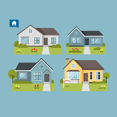 Collection of four distinct residential houses with green lawns and trees.