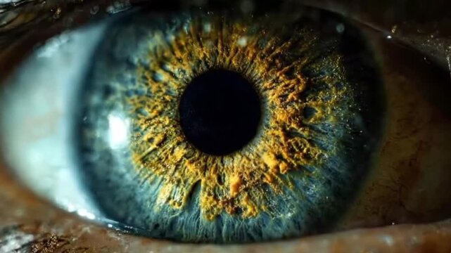 A mesmerizing macro close-up of a human eye, showing intricate blue and gold iris patterns around the dark pupil. Excellent for science, medical, biometrics, vision, and abstract perception projects. 