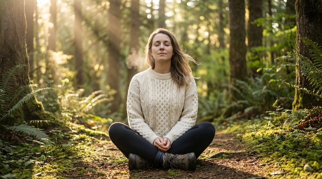 A White Caucasian woman sitting cross-legged on a quiet forest trail, eyes closed, taking a deep calming breath, soft morning light filtering through trees