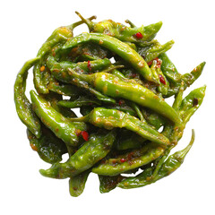 Fresh Shishito Peppers in Ceramic Bowl Garnished with Chili Flakes isolated on transparent background