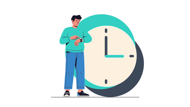 Young man checking the time on his wristwatch beside a large clock illustrating time management