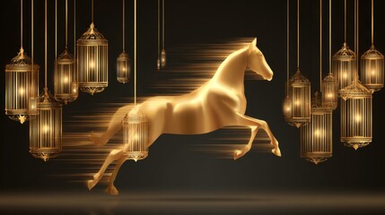 Golden Horse Running with Floating Lanterns on Dark Background Elegant Artistic Decor