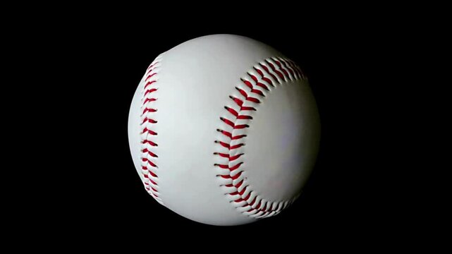 A pristine white baseball floats against black, vivid red stitches wrap its curvature. glossy finish