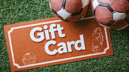 Gift card placed on grass next to two soccer balls in sports setting for gifting and promotions