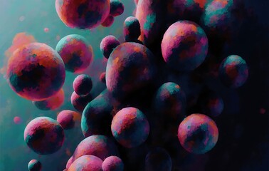 Floating Luminous Orbs with Colorful Pixelated Brushstrokes and Grainy Blended Hues