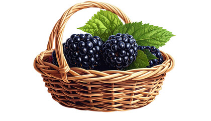Fresh blackberry with leaf in woven basket on white Background