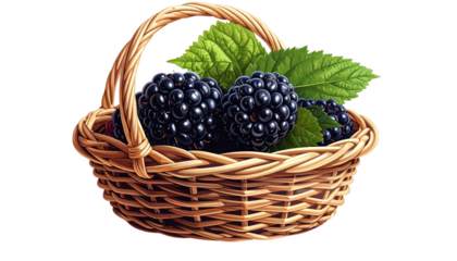 Fresh blackberry with leaf in woven basket on white Background