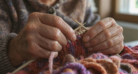 Elderly Person Knitting Colorful Wool Yarn in Cozy Home Environment