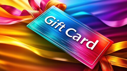 Colorful gift card on a vibrant background with ribbons and bright colors