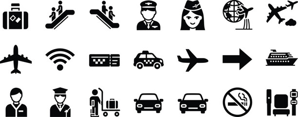 Airport travel icons set with airplane, luggage, staff, escalator, boarding pass, taxi, cruise ship, seating, Wi‑Fi, security services