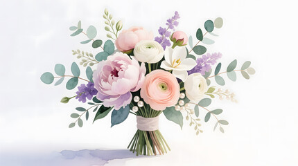 Fototapeta premium Watercolor illustration of a soft pastel wedding bouquet featuring peonies and ranunculus.
