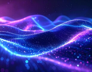 Abstract blue and purple glowing particle waves forming a dynamic digital data stream, representing futuristic technology, interconnected networks, and energetic cyberspace visualization
