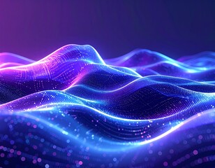Vibrant Blue and Purple Neon Waves of Glowing Digital Particles Representing Futuristic Data Flow, AI, and Advanced Technological Innovation in a Dynamic Abstract Network