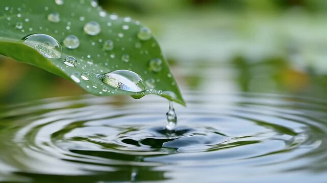 Close-up of a vibrant green leaf with glistening water droplets reflecting light and creating rippling patterns in the dark background a symbol of nature s beauty and renewal