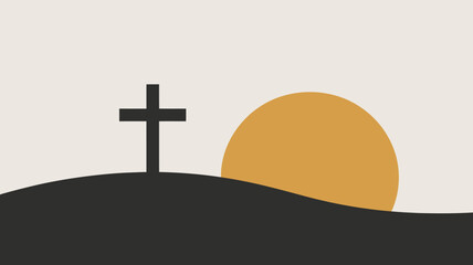 A Christian cross silhouette on a dark hill with a vibrant orange sun partially visible above the horizon