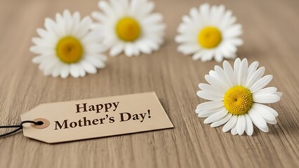 Obraz premium Happy Mother s Day Gift Tag with White Daisies on Rustic Wooden Background - Warm & Elegant Greeting Card Design for Mom