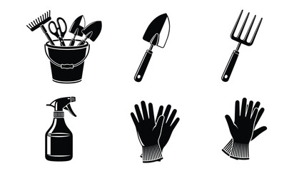 Gardening tools silhouette set including shovel fork gloves spray bottle, garden equipment collection isolated white background vector illustration design elements © MDKANAL