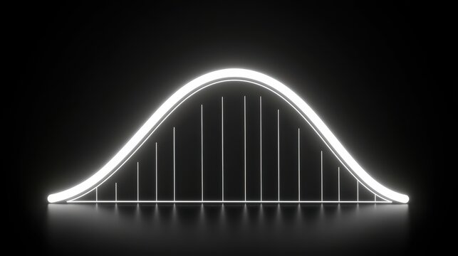 Elegant white neon normal distribution bell curve featuring a primary glowing outline and a subtle inner curve with vertical guide lines, set against a dark background
