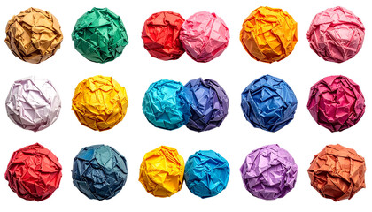 Colorful crumpled paper spheres isolated on white background
