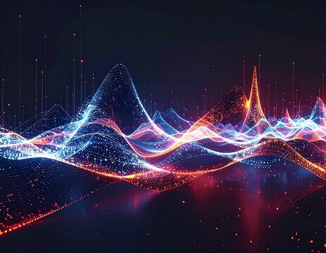 Vibrant abstract data visualization featuring glowing particle waves in a digital sound spectrum, illustrating information flow and technological innovation with futuristic energy - Powered by Adobe