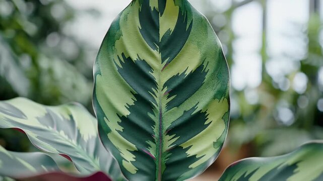 Close-up of a vibrant Maranta Leuconeura leaf with striking green and cream variegation against a dark lush tropical background evoking serenity and natural beauty