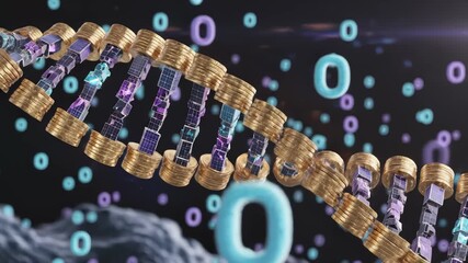 Abstract Golden Dna Strands With Binary Code Rotation Animation