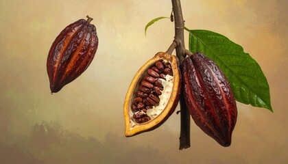 Cacao pods and leaves, one pod cut open showing beans, detailed botanical illustration.