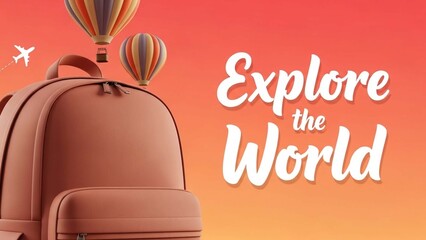 Embark on a global adventure with this vibrant illustration featuring a backpack, hot air balloons, and the inspiring phrase 'Explore the World'