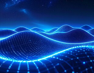 Abstract digital landscape with glowing blue neon waves and futuristic grid patterns, representing data and technology