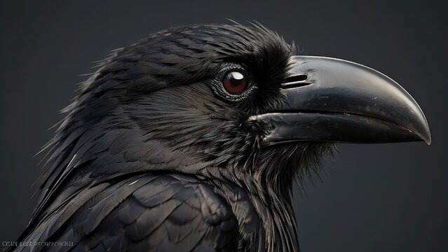  Black raven head profile close-up with detailed feathers, curved beak and eye against dark background in dramatic lighting