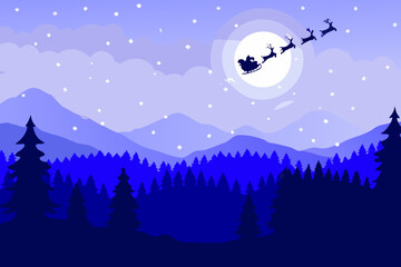 Fototapeta premium Santa claus and his reindeer fly across a winter night sky