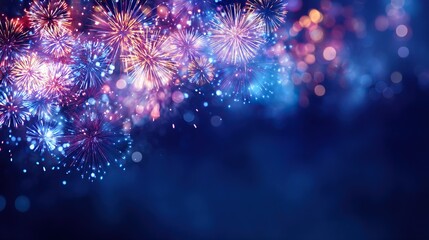 Fototapeta premium Golden fireworks of various shapes light up the night on the right, used for New Year's Eve celebrations and festive activities, serving as an advertising banner and social media promotional design.