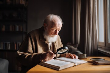 Senior man with low vision reading a page through a handheld magnifier in a cozy home setting