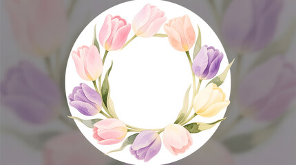 Soft halo frame of pastel tulips in a circular arrangement, hand-painted in realistic watercolor.