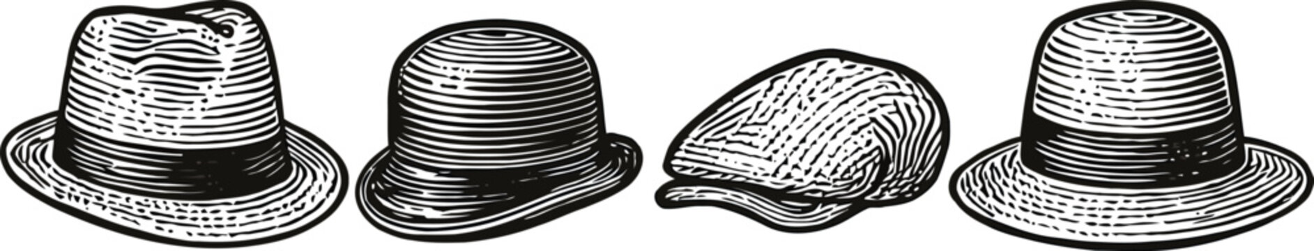 Set of black and white metal vector illustrations featuring isolated classic fashion accessories like the vintage bowler, felt fedora, and old cowboy hat for men