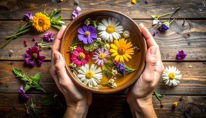 Hands holding wooden bowl with floating colorful flowers on rustic table, serene and natural beauty.