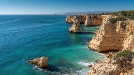 Obraz premium Amazing landscape with cliff, beach and turquoise water in Algarve, Portugal 