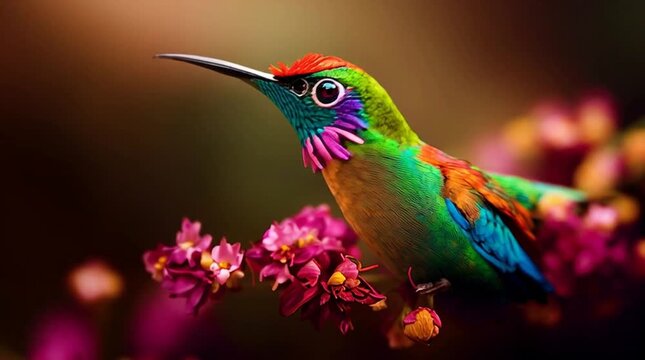 exotic hummingbird on tropical flower, colorful colibri in tropical garden, vibrant hummingbird feeding on blossom